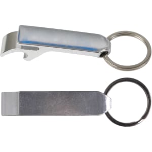 A drink bottle opener and keytag in silver metal with a keyring attachment. It has a sleek, minimalist design.