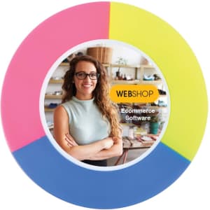 A circular highlighter with pink, blue, and yellow sections, featuring a central image and branding.