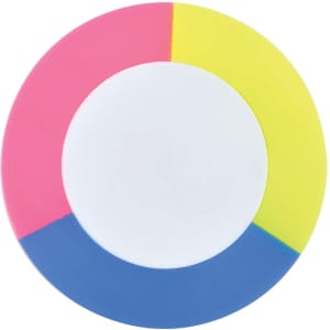 A circular highlighter set featuring four vibrant colors: pink, yellow, blue, and a white center.