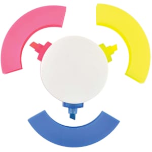 A circular highlighter set with four vibrant colors: pink, yellow, blue, and an additional color, arranged around a white center.