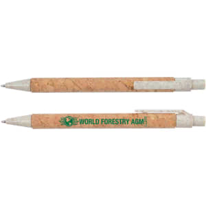 A cork pen in a natural beige tone with white accents and a logo, designed for writing.