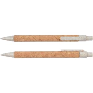 A cork pen featuring a natural cork body and light-colored accents, displayed from two angles.