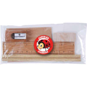A stationery set featuring a wooden ruler, sharpener, wooden block, and paper straws, packaged in a clear bag.