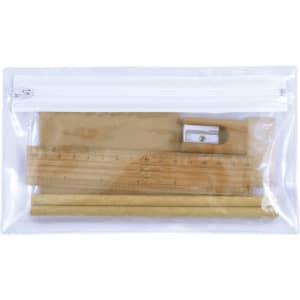 A transparent pencil case containing a ruler, a sharpener, and two wooden pencils. The case has a white zipper.