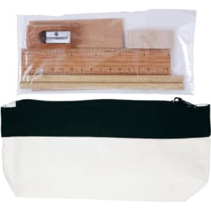 A stationery set featuring a black and cream zippered pouch with a wooden ruler, sharpener, and assorted wooden items inside a clear bag.