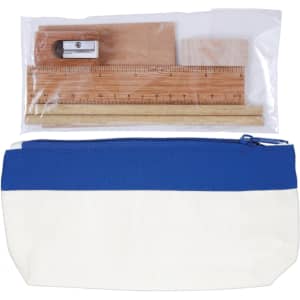 A stationery set featuring a blue and white zip pouch containing a ruler, a sharpener, and wooden blocks.