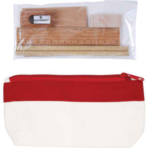 A stationery set featuring a red and white pencil case, wooden ruler, sharpener, and two wooden blocks.