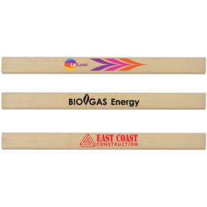 Three wooden pencils, featuring a natural finish, each with different printed logos in various colours.