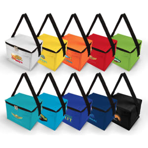 A cooler bag collection in various colors: white, yellow, orange, green, blue, and black, each with a logo.