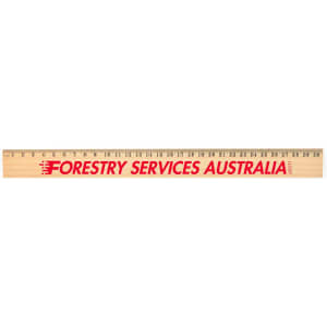 A 30cm wooden ruler featuring a logo and marked with measurements in red and natural wood tones.