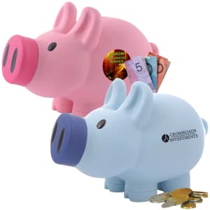 A pink and a blue pig-shaped coin bank, with a logo on the blue one, surrounded by coins and banknotes.