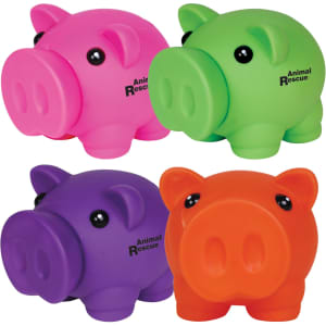 Four coin banks shaped like piglets in pink, green, purple, and orange, each with black eyes and a logo.