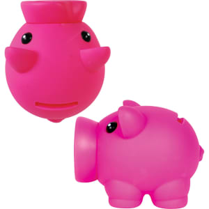 A pink micro piglet coin bank with a smiling face and rounded features, designed for saving money.
