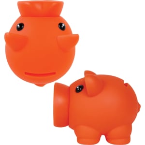An orange micro piglet coin bank with round shapes and black eyes, featuring a playful design.