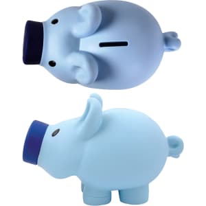 A pig-shaped coin bank featuring a soft blue color and a playful design, complete with a blue top hat.