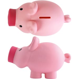 A pink pig-shaped coin bank with a slot for coins and a round base. It features a simple design and a soft finish.