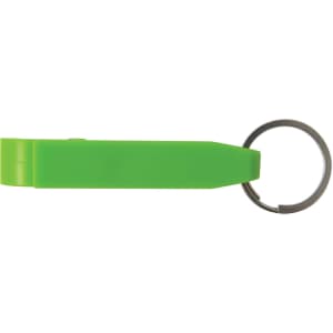 A green keytag with a keyring attachment.
