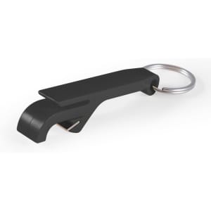 A black keytag with a curved design and attached metal keyring. It features a sleek, minimalist shape.