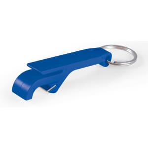 A blue keytag bottle opener with a keyring attachment.