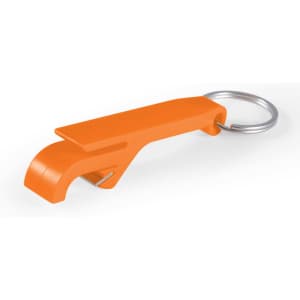 A bright orange keytag with a keyring attachment, featuring a sleek design ideal for promotional purposes.