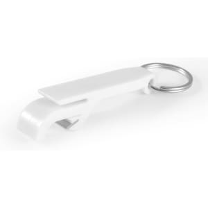 A white keytag with a hook design attached to a metal keyring.