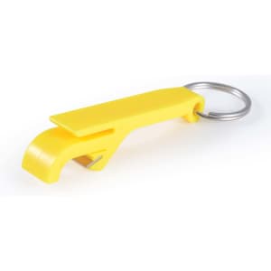 A yellow keytag bottle opener with a keyring attachment.
