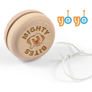 A wooden yo-yo with a natural finish, featuring an engraved design and a string attached. It has a logo.
