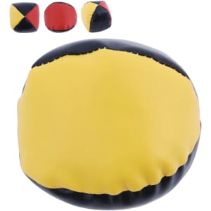 A hacky sack featuring a yellow, black, and red design with a smooth surface. It has a rounded shape and a visible logo.
