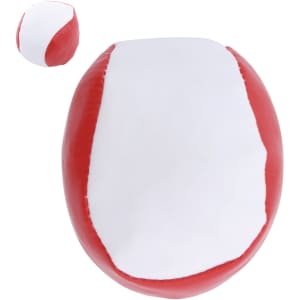 A red and white hacky sack with a rounded shape, featuring contrasting panels and a smooth surface.