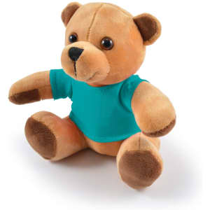 A plush teddy bear in brown with a turquoise shirt, featuring button-like eyes and a soft, cuddly body.