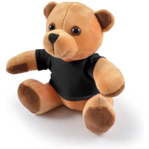 A plush teddy bear in light brown with a black shirt, featuring round eyes and a cute expression.