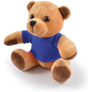 A plush teddy bear with a light brown body and a blue shirt, featuring soft, rounded ears and dark eyes.