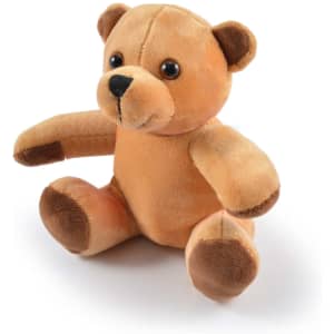 A soft, light brown plush teddy bear with darker brown accents sitting upright. It has large, black eyes and a stitched nose.