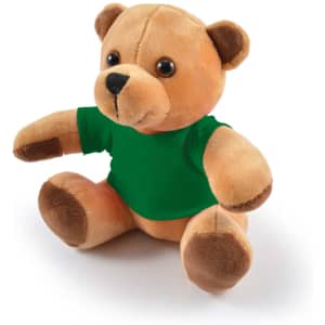 A plush teddy bear with brown fur, sitting and wearing a green shirt. It has large black eyes and a friendly expression.