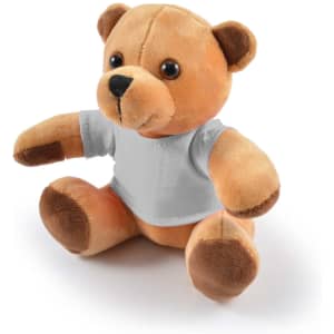 A plush teddy bear with light brown fur and dark brown accents, wearing a plain gray shirt.