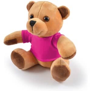 A plush teddy bear in brown with a pink shirt, featuring round eyes and soft, cuddly material.