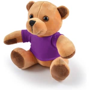 A plush teddy bear in brown with a purple shirt, featuring round eyes and soft paws, sitting upright.