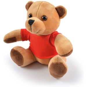 A plush teddy bear in a red shirt, featuring brown fur and black eyes, sitting upright against a white background.