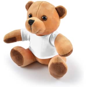 A soft, plush teddy bear in light brown with a white shirt, featuring round eyes and a smiling expression.