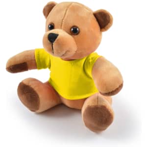 A plush teddy bear with a soft brown fur and a yellow shirt, featuring round eyes and sitting in an upright position.