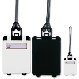 A set of Venezia luggage tags in white and black, featuring a clear panel for name information.