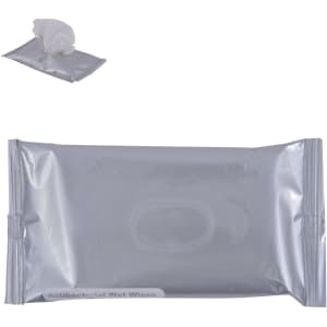 A silver packaging of antibacterial wet wipes with a white wipe partially pulled out. Features a logo on the front.