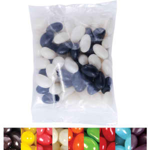 A clear cello bag containing assorted jelly beans in black, white, and other vibrant colors.