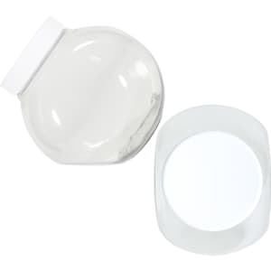 A clear plastic container with a round base and a fitted lid, featuring a smooth surface and glossy finish.