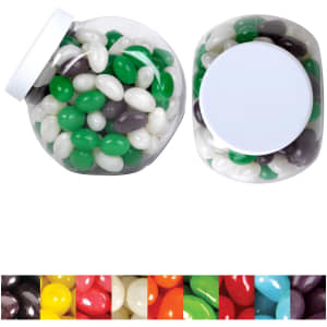 A container filled with jelly beans in assorted colors, including green, black, white, and others. The container has a lid and a logo.