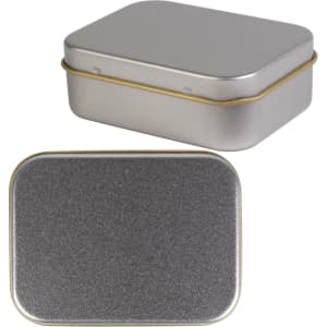 A silver rectangular tin with a lid, showcasing a sleek design ideal for storing pens or similar items.