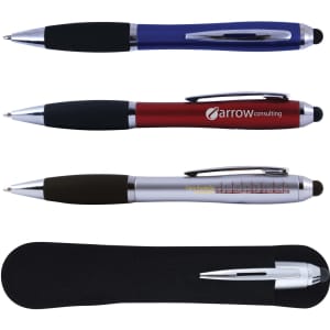 A set of three stylus pens in blue, red, and silver with black grips, displayed in a black pouch.