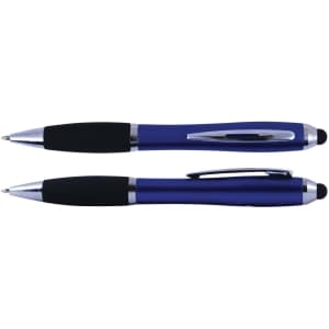 A blue pen and stylus with a black grip and silver accents. The stylus tip is on one end.