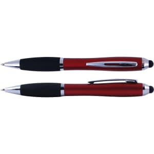 A red and black pen and stylus combo featuring chrome accents and a smooth grip. Includes a logo.