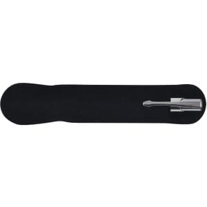 A metal pen resting on a black velvet pen holder. The pen features a sleek design, perfect for promotional use.